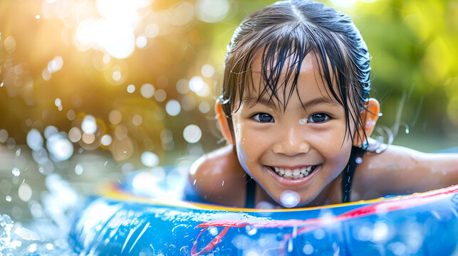 Happy laughing little Asian girl with inflatable ring playing in blue swimming pool at resort. Summer family vacation concept. Copy space.