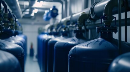 Obraz premium Row of industrial blue tanks in a factory or processing plant, showcasing machinery and piping in a dimly lit setting.