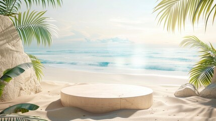 Summer sand and tropical sea background with abstract stone podium - Generative Ai