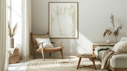minimalist japandistyle woodcut painting in light sage and white vintage inspired