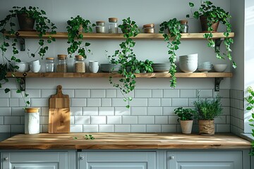 Fototapeta premium white kitchen with floating shelves, wooden chile sheet on the counter top