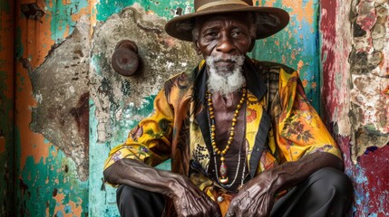Obraz premium Elderly Man in Colorful Shirt Sitting Against Weathered Wall