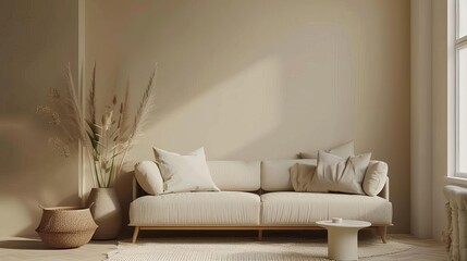 minimalist scandinavian living room serene beige interior with comfortable sofa and natural decor elements 3d visualization