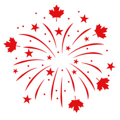 Patriotic Canadian Fireworks. Red maple leaf and star. Canada day