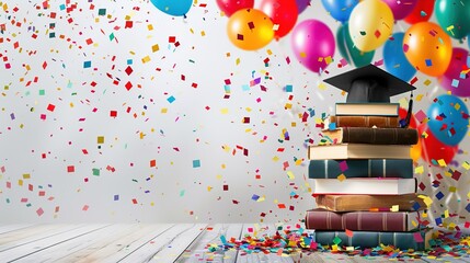 Vibrant and Festive Graduation Background with Colorful Confetti and Balloons. A Stack of Books with Graduation Cap and Diploma on Polished Wooden Surface, Transitioning to Whitespace for Additions