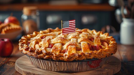 Freshly baked apple pie with American flag toothpick decoration for Independence Day celebration