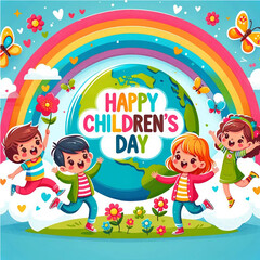 Obraz premium Children's Day Theme: Kids Enjoying in Front of a Colorful Rainbow with Butterflies Surrounding, Playful Atmosphere