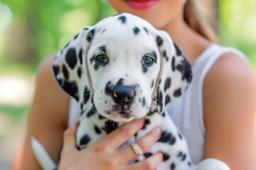 Woman holding in hands cute spotted white black dalmatian puppy in the park. Close up.