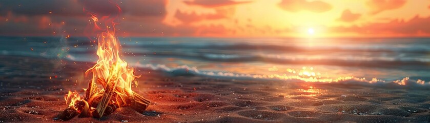 Obraz premium A realistic bonfire burning brightly on a sandy beach during sunset, with the flames casting a warm glow on the surrounding area