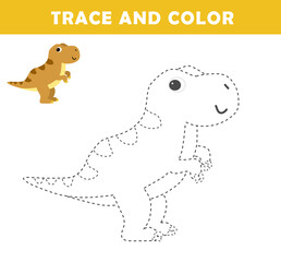 Trace and color for children. Handwriting practice. Coloring page for kids. Preschool worksheet with cute dino illustration.