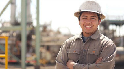 Smiling Industrial Worker Wearing Safety Helmet, Native American, Emphasizing Safety and Labor, Ideal for Occupational and Workplace Themes