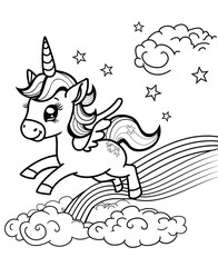 Cute and cheerful unicorn on the rainbow. Coloring book page.	
