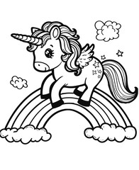 Fototapeta premium Cute and cheerful unicorn with rainbow. Coloring book page. 