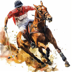 Polo Player in Action, Dynamic Mood, Watercolor Style, Equestrian Sport Concept