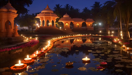 Diwali decoration with diya lamp featuring natural view likes pond and temple