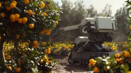 A robotic harvester operates in an orange orchard, picking fruit with precision, showcasing advanced agricultural technology amidst lush trees.