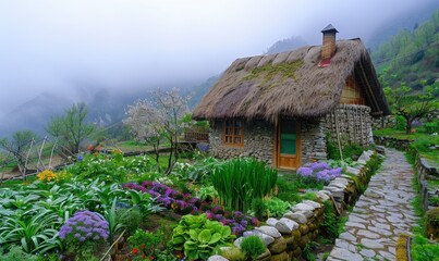 A thatched house in a mist with roof with a small chimney, the door is a small vegetable garden with a lot of vegetables and greens