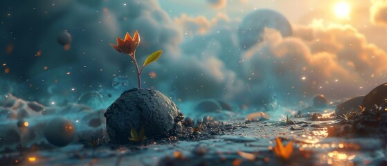 Depict a small seed evolving into a grand, detailed artwork, symbolizing the expansion of creative potential, blending realism and fantasy elements in a digital medium