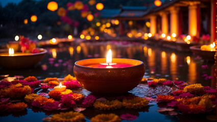 Obraz premium Diwali decoration with diya lamp featuring natural view likes pond and temple