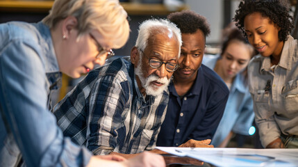 Diverse team of young and senior adults collaborating on solution, workforce training program
