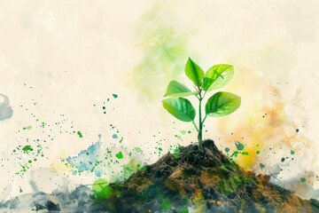 Depict the concept of growth and transformation through the imagery of a seed sprouting into a magnificent tree, rendered in a detailed watercolor painting