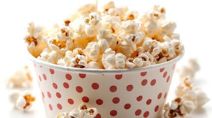  paper bucket overflowing with popcorn, perfect for a party, isolated on a white background. 