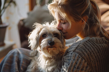 Female blonde and furry dog enjoy interaction, woman pets dog behind ears in warm apartment