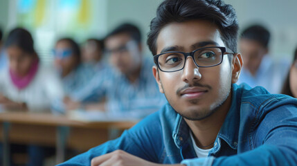 Fototapeta premium Handsome Indian student taking notes in international adult education center, wearing glasses