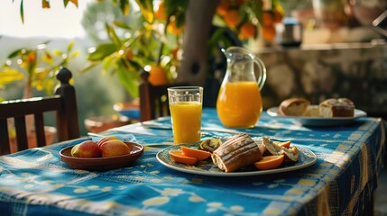 A table with a blue and white table cloth and a plate of food with a plate of food and a pitcher of orange juice.
