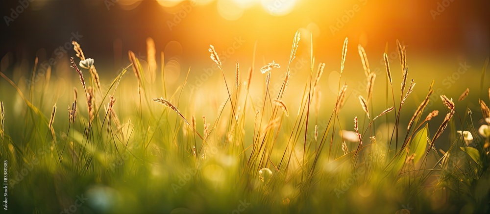 Poster sunrise illuminates the grass in the morning, capturing a serene nature concept with a copy space im