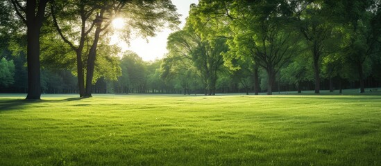Obraz premium Public park with a lush green grass field illuminated by a lovely morning light, perfect for a picturesque copy space image.
