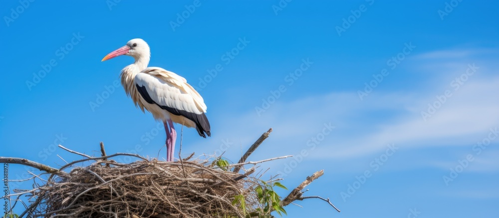 Poster A single stork perched in its nest against a clear blue sky in a serene setting with copy space image.