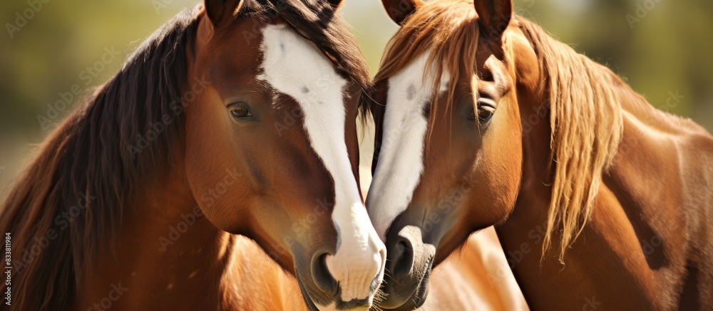 Poster Two horses engaging in mutual grooming with a copy space image.