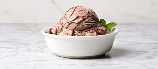 White bowl with chocolate ice cream, copy space image.