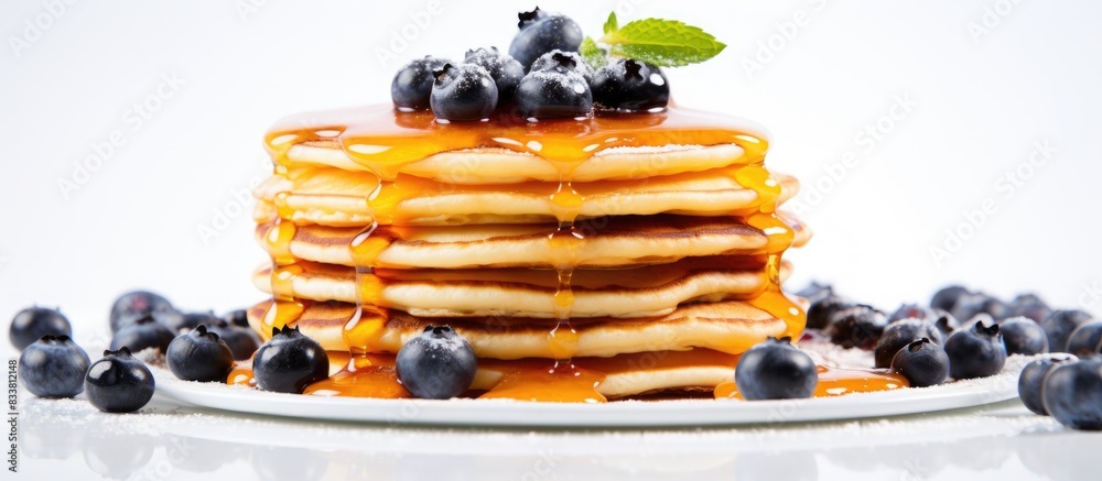 Aufkleber Pancakes topped with apricot jam and blueberries on a white backdrop with copy space image.
