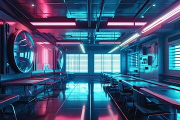 Abstract futuristic school classroom, Futuristic classroom in school of the future, AI-generated