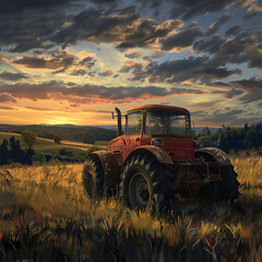 Rear view of a classic tractor in an open field, rustic and weathered textures, photorealistic detail, golden sunset backdrop, agricultural nostalgia, detailed machinery components