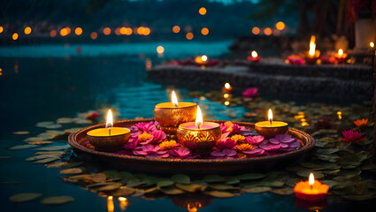 Diwali decoration with diya lamp featuring natural view likes pond and temple