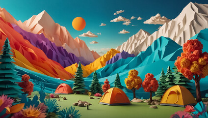 Tourist tent, mountains background, paper style summer