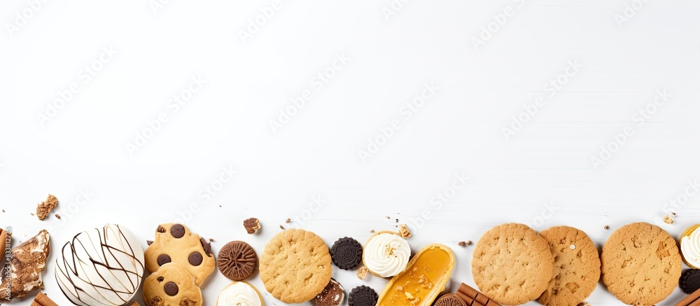 Poster sweet food concept featuring cookies and ice cream on a white background with copy space image.