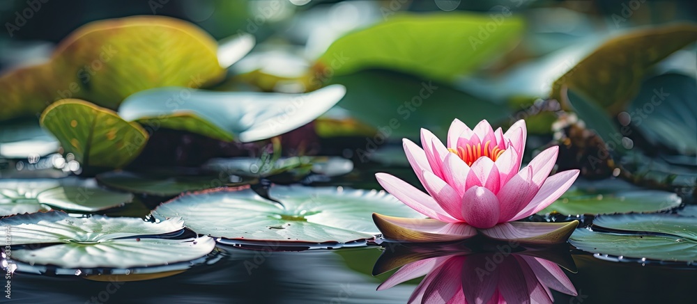 Poster A blooming pink water lily amidst a pond with an empty space for adding an image. with copy space image. Place for adding text or design