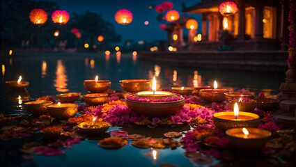 Diwali decoration with diya lamp featuring natural view likes pond and temple