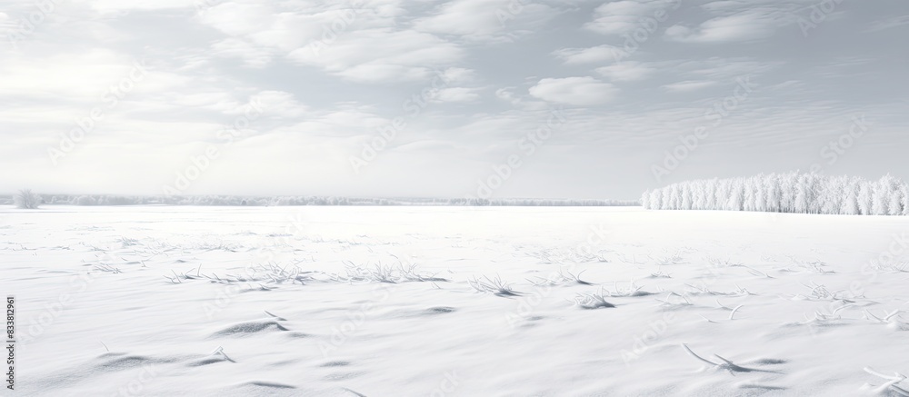 Poster snow covers the frozen field in a striking black and white scene with copy space image.