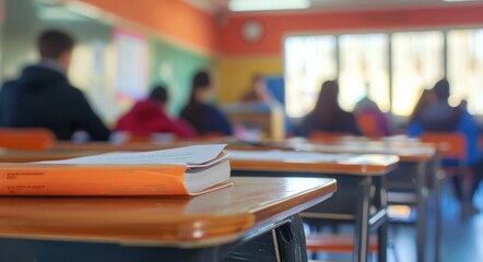 A Blurry elementary school classroom with students sitting and studying, abstract design for background.