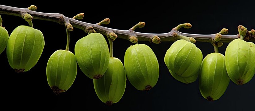 Close-up view of unripe cordia dichotoma (Gundi) tree fruits, with copy space image