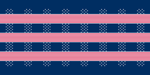 Abstract seamless vector pattern Border with stripes and little white five pointed stars on blue. Independence Day geometric background suitable for prints, decoration, wallpaper and fabrics.