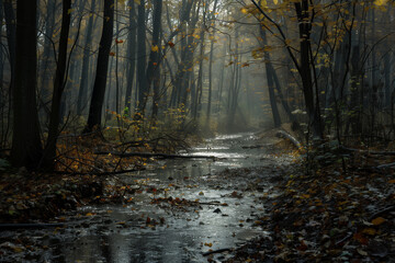 Obraz premium As the autumn sun struggles to pierce through the thick blanket of fog, the forest transforms into a mysterious realm of ethereal beauty.