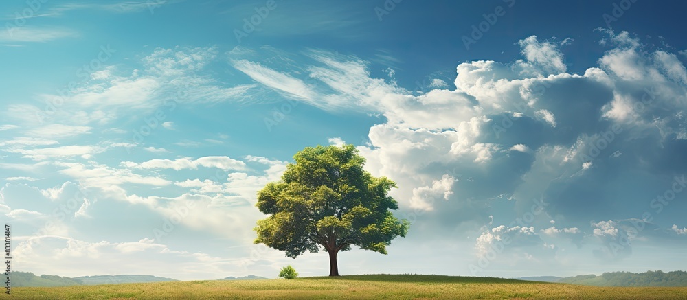 Poster Tree set against a picturesque blue sky dotted with fluffy clouds, providing a serene backdrop for the scene with plenty of copy space image.