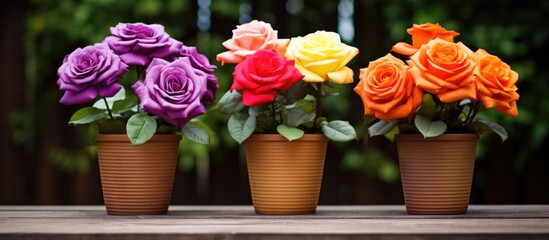 Fototapeta premium Red, orange, and purple roses in flowerpots on a wooden surface with a copy space image.