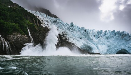 A dramatic close up low angle from the ocean of a tall glacier collapsing into the ocean
